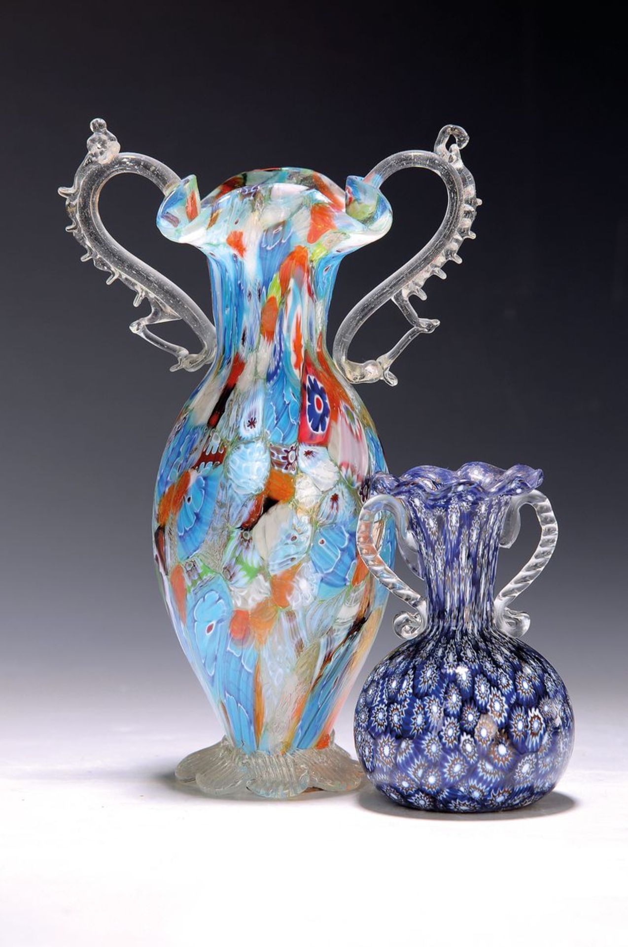 Zwei Mille-Fiori-Vasen, Murano, 20.Jh., , Doppelhenkelvase
