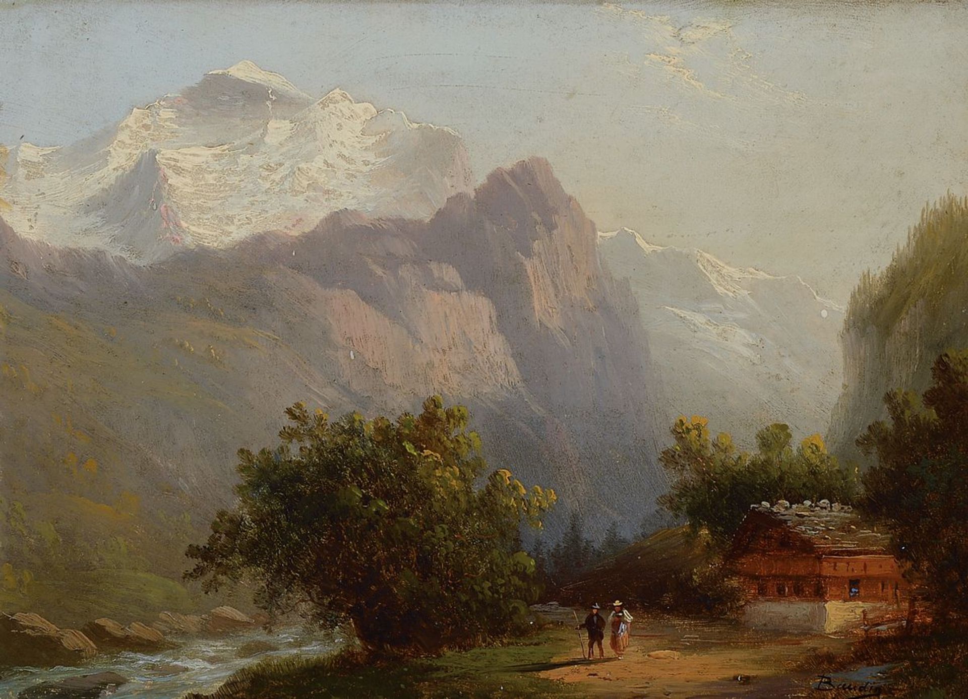 Eugene Baudin, 1843-1907, Alpenlandschaft mit Berghütte,