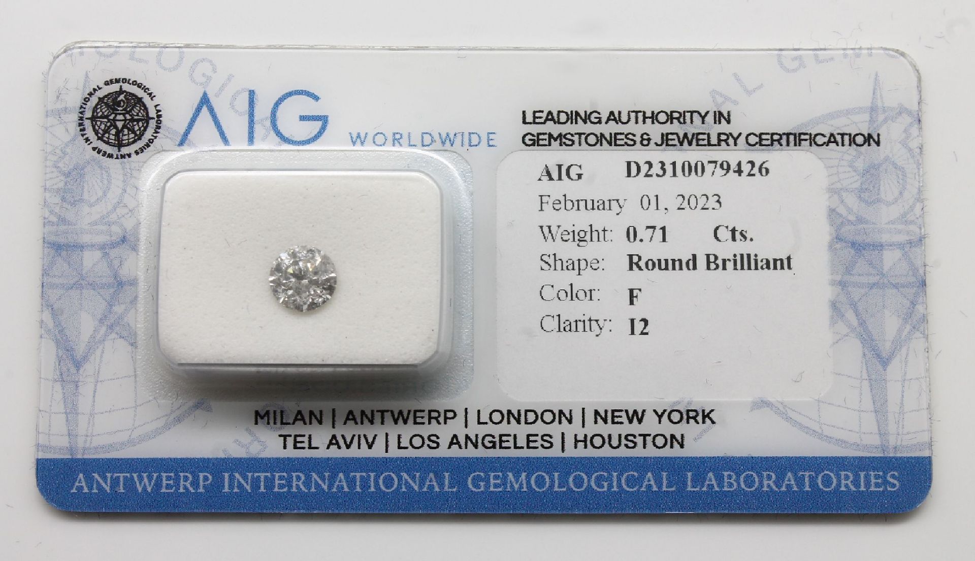 Loser Brillant, 0.71 ct feines Weiß(F)/p2, AIG