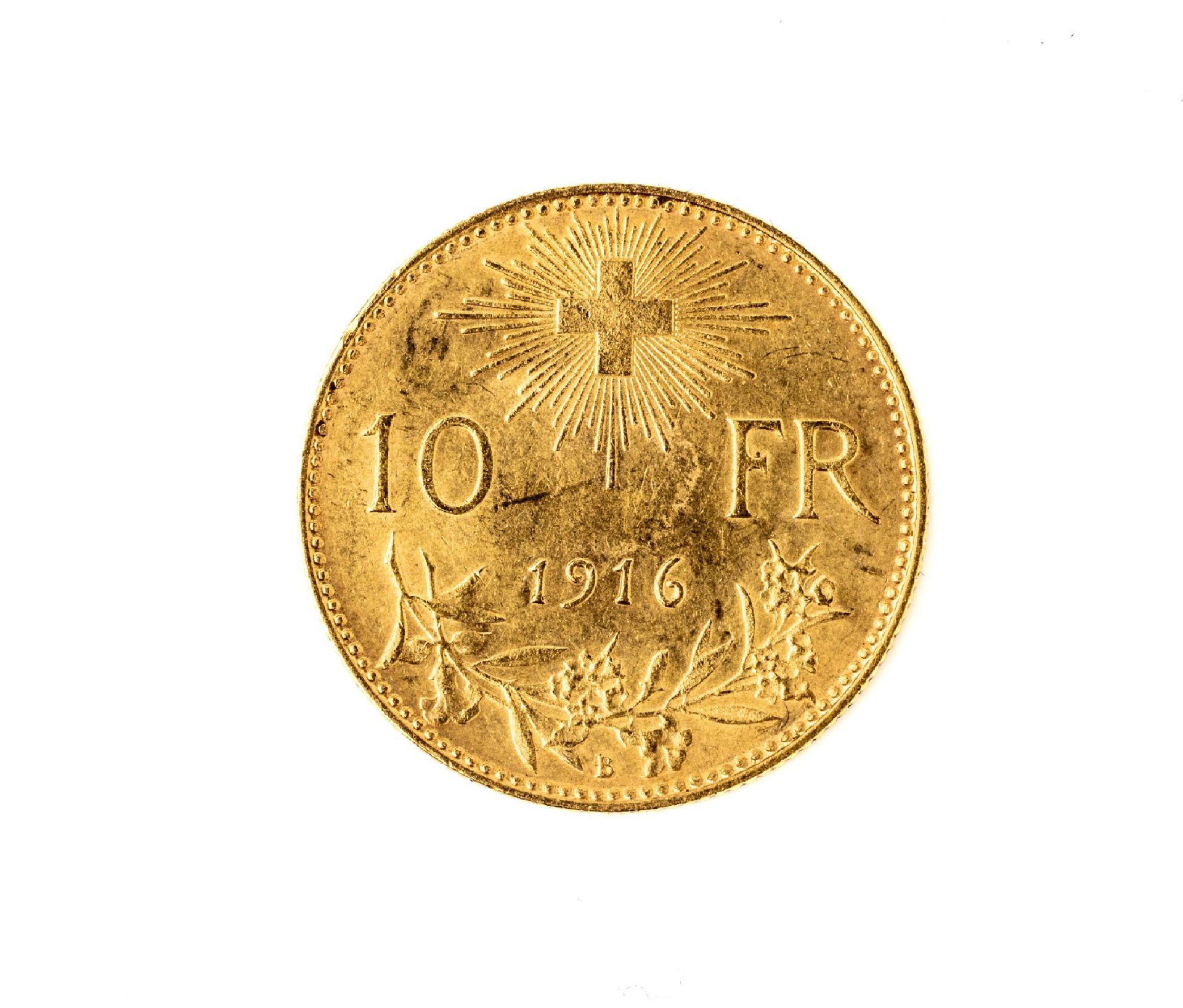 Goldmünze 10 Franken, Schweiz 1916, Helvetia, Prägemarke
