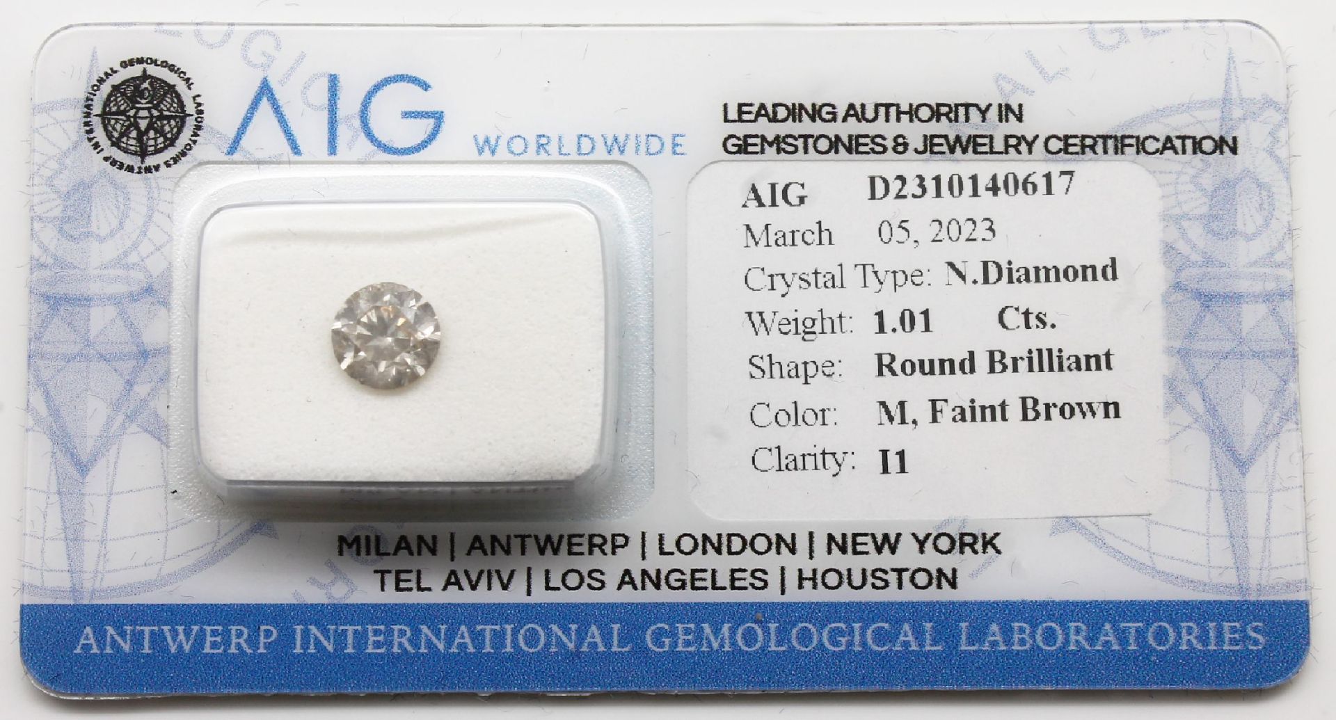 Loser Brillant, 1.01 ct, Faint Brown/p1, AIG Zertifikat