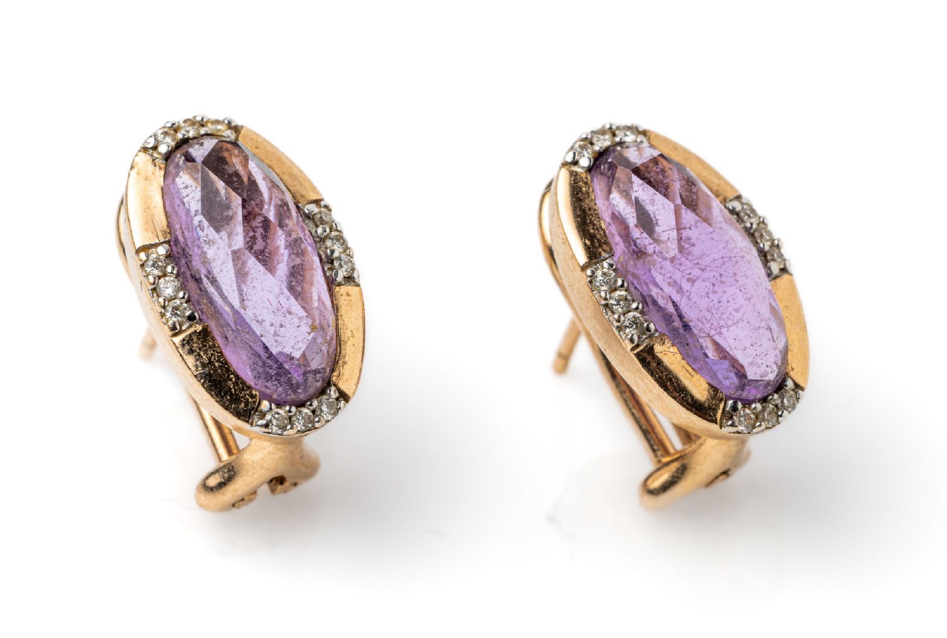 Paar 14 kt Gold Amethyst-Diamant-Ohrstecker, GG 585/000,