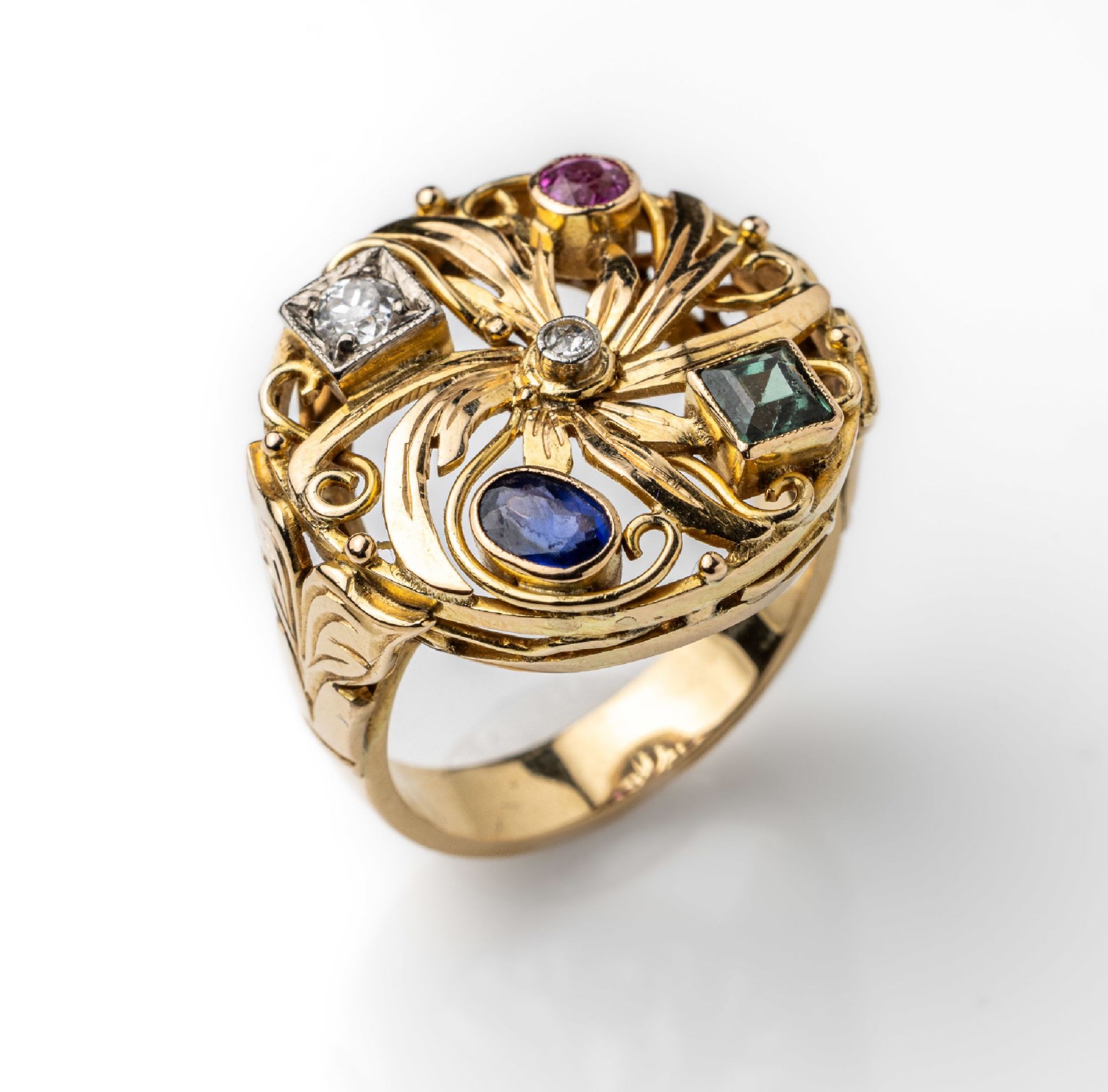 14 kt Gold Farbstein-Diamant-Ring, GG/WG 585/000, sogn.