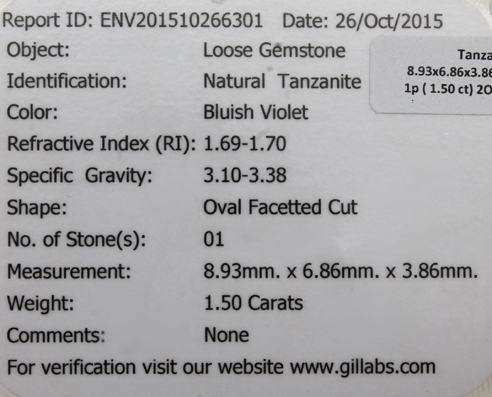 Loser Tansanit, 1.50 ct,   oval facett., mit GIL Expertise - Bild 2 aus 2