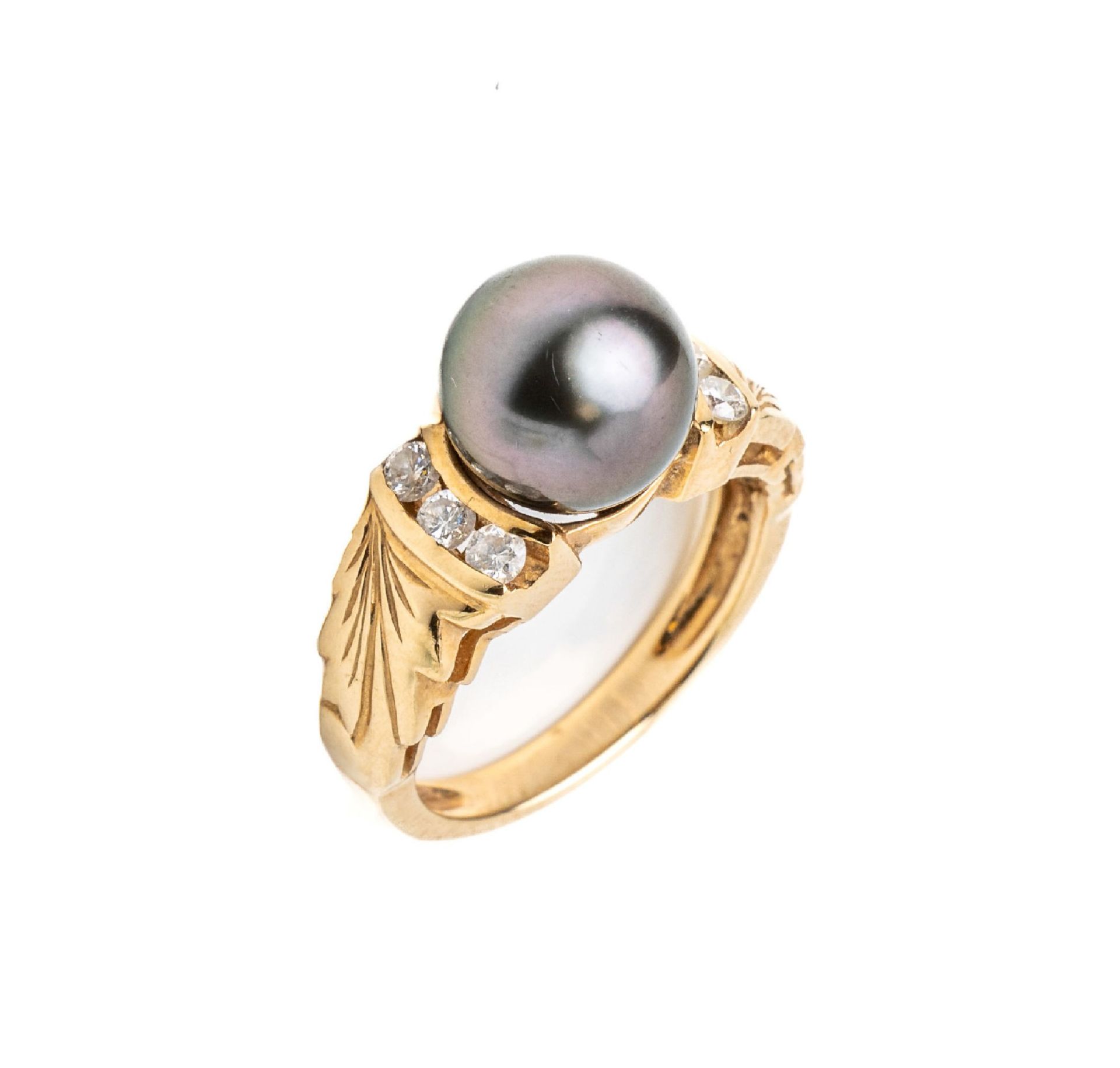 14 kt Gold Perl-Brillant-Ring, GG 585/000, dunkelgraue