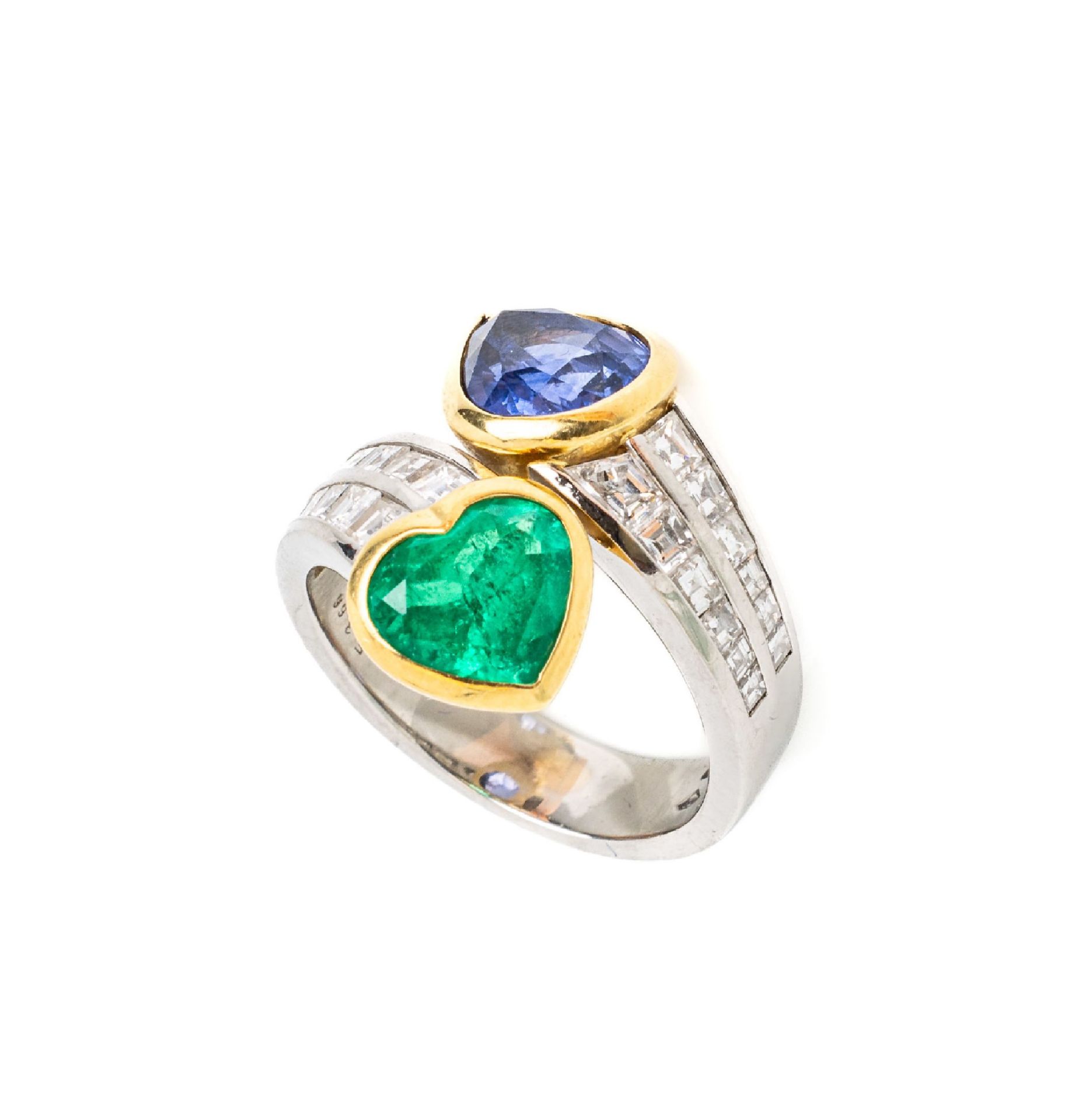 18 kt Gold Saphir-Smaragd-Diamant-Ring, WG/GG 750/000,