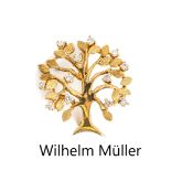 14 kt Gold Diamant Brosche 'Baum',   GG 585/ 000, Blätter