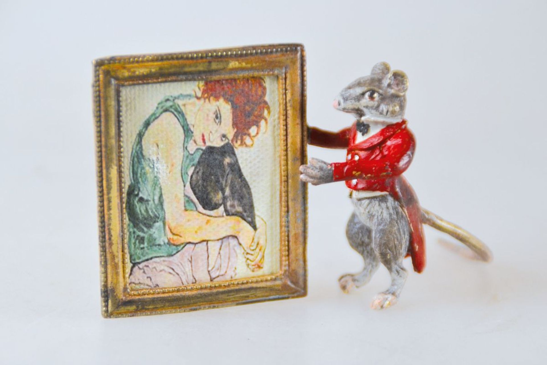 Wiener Bronze, Maus mit Bild von Egon Schiele, 20. Jh.,