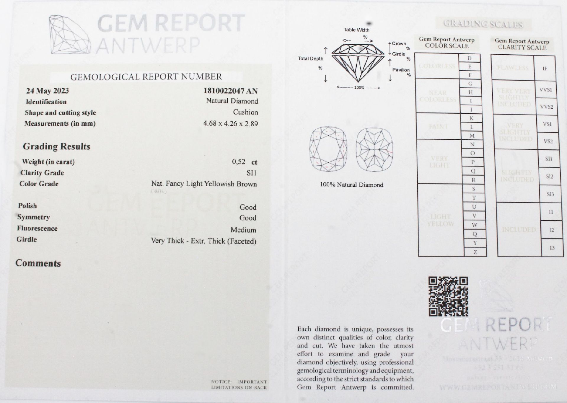 Diamant im Kissenschliff 0.52 ct, nat. Fancy Light - Bild 3 aus 3