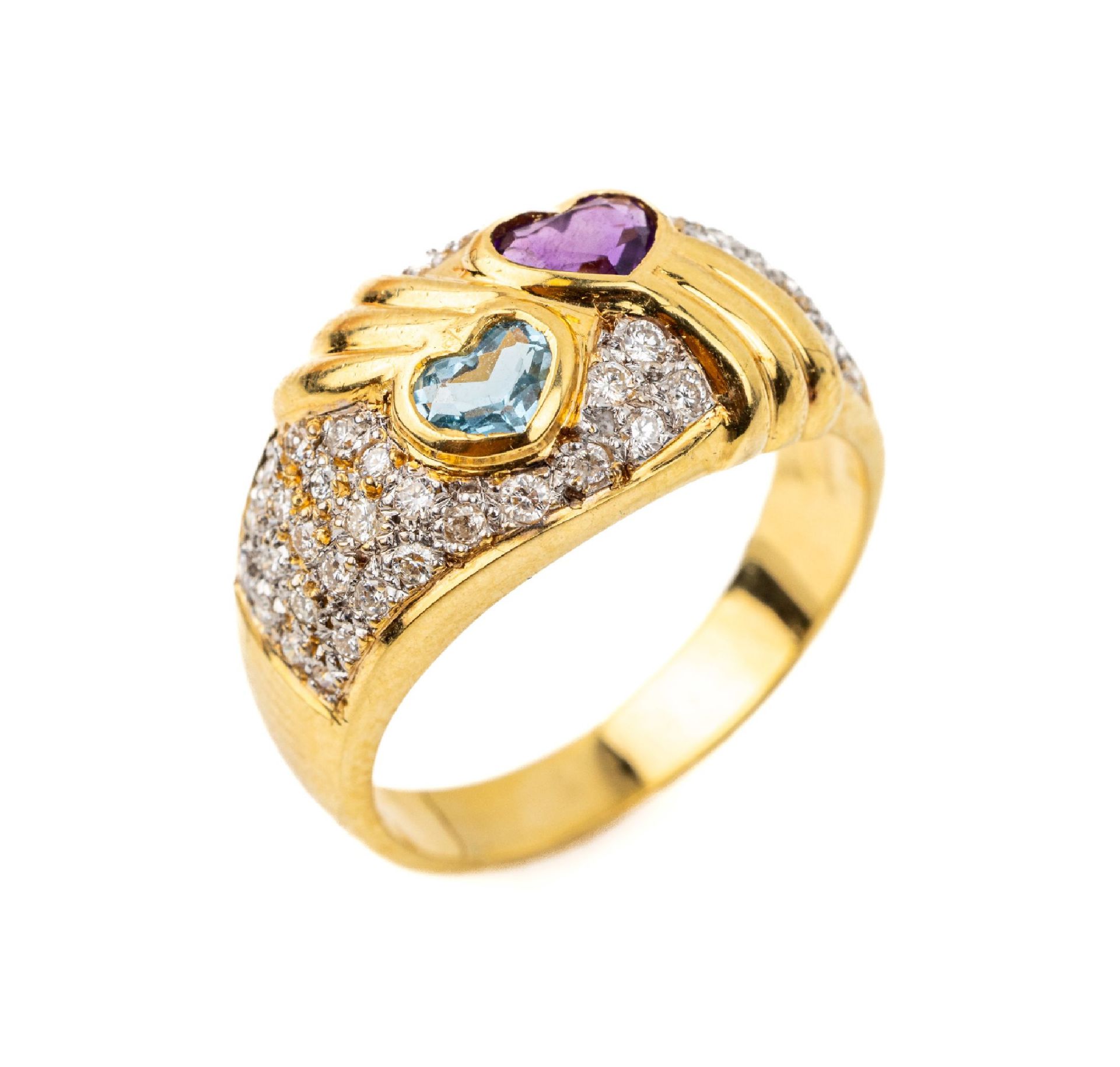 18 kt Gold Brillant-Farbstein-Ring,   GG 750/000, 48