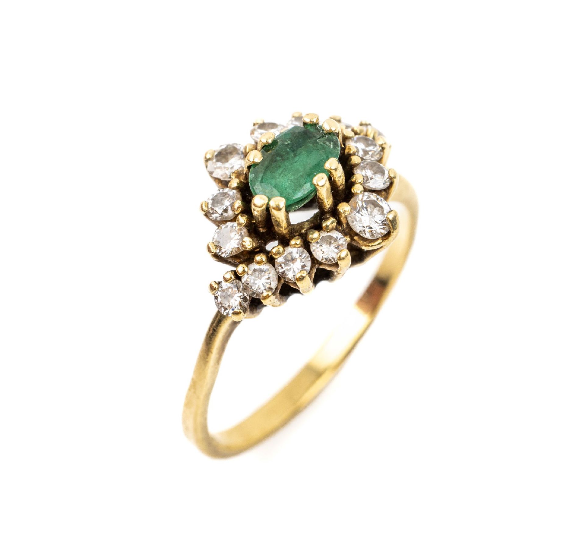 14 kt Gold Smaragd-Brillant-Ring,   GG 585/000,