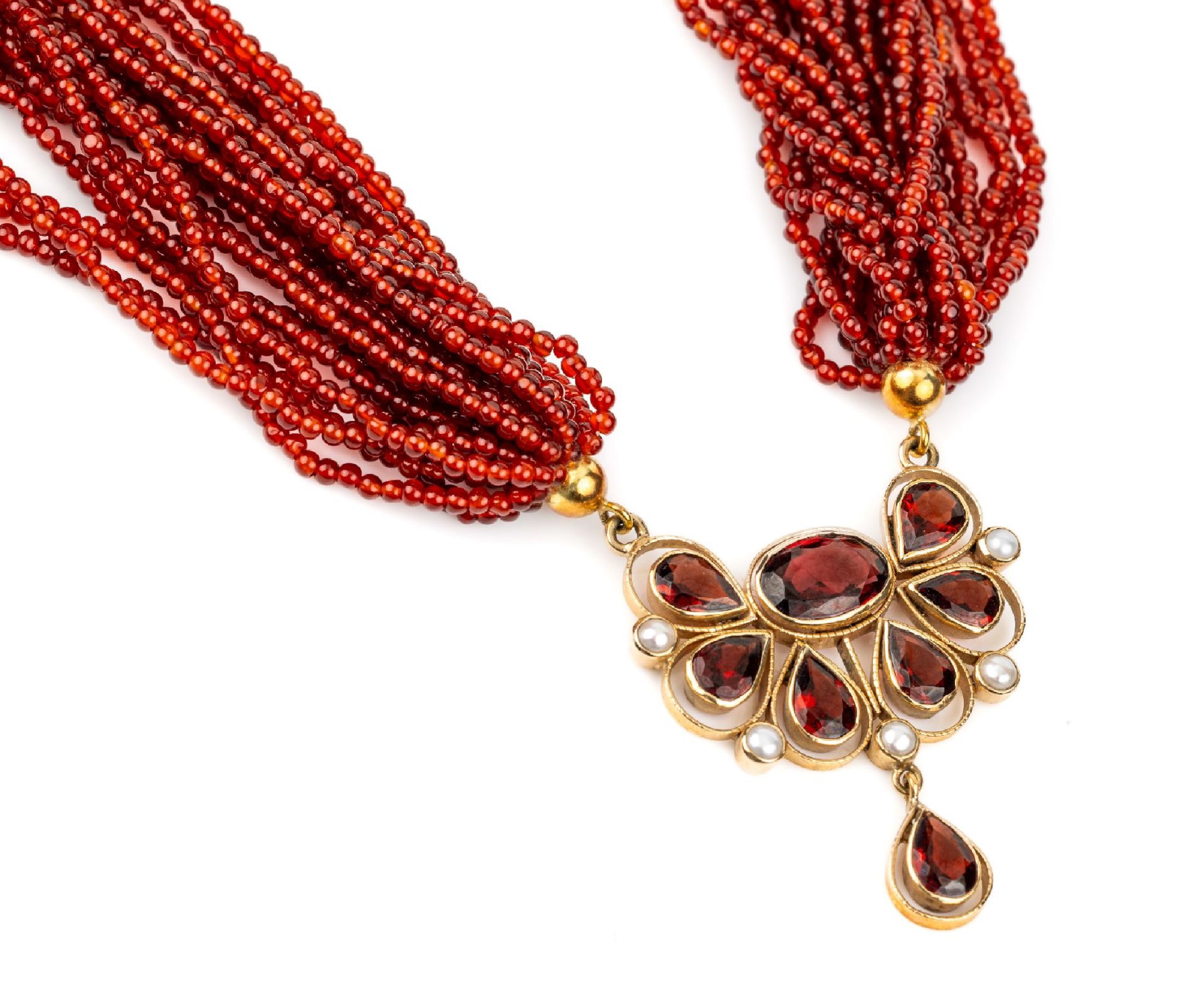 14 kt Gold Achat-Granat-Collier,   GG 585/000, 20-rhg.