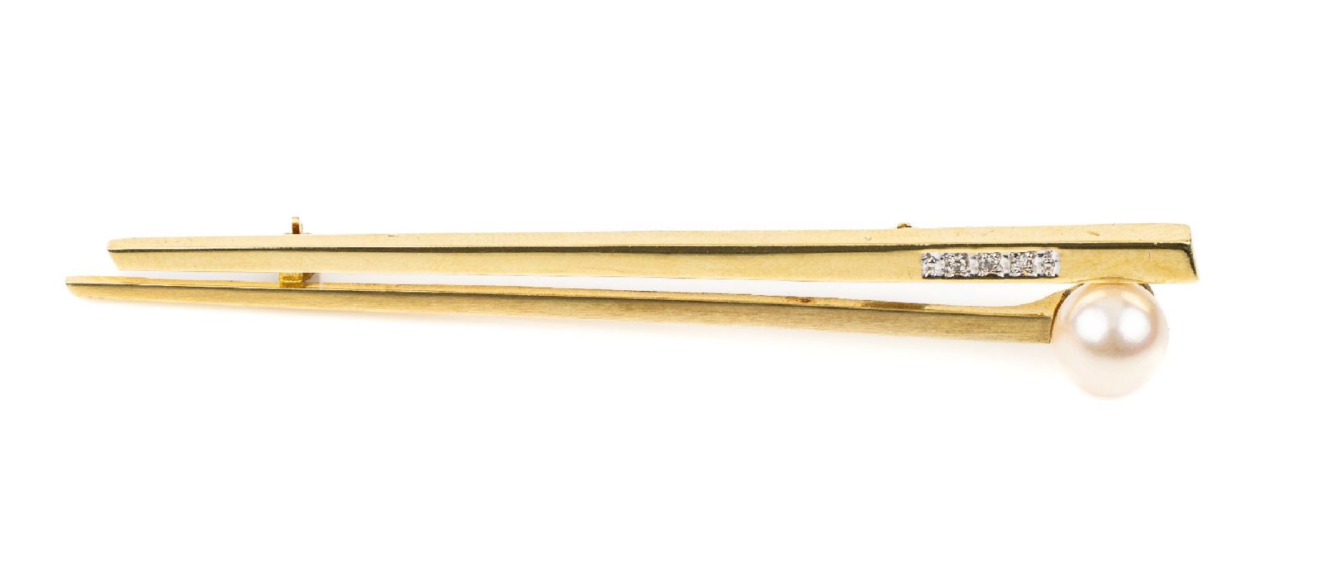 14 kt Gold Perl-Diamant-Brosche,   GG 585/000, L. ca. 7.5