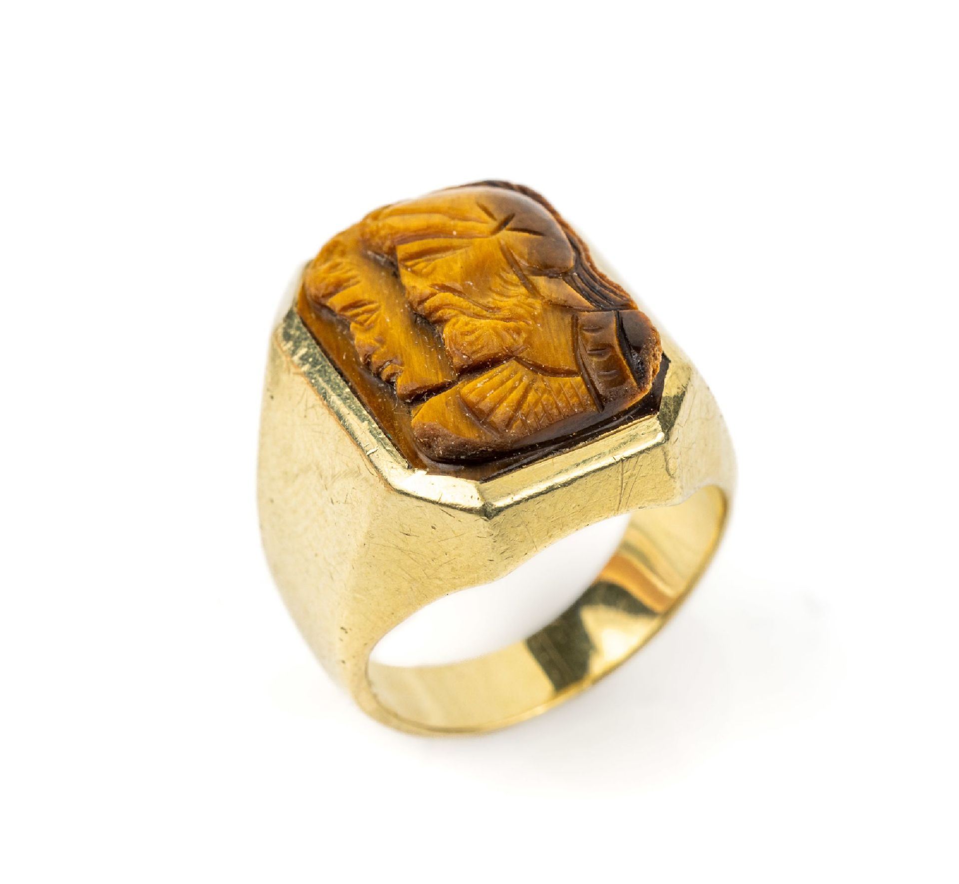14 kt Gold Tigerauge-Ring,   GG 585/000, Ringkopf mit