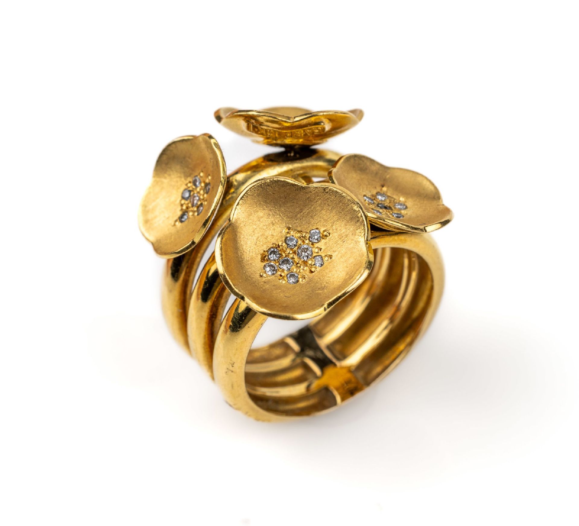 18 kt Gold-Diamant-Blütenring,   GG 750/000, 4 aufgelegte