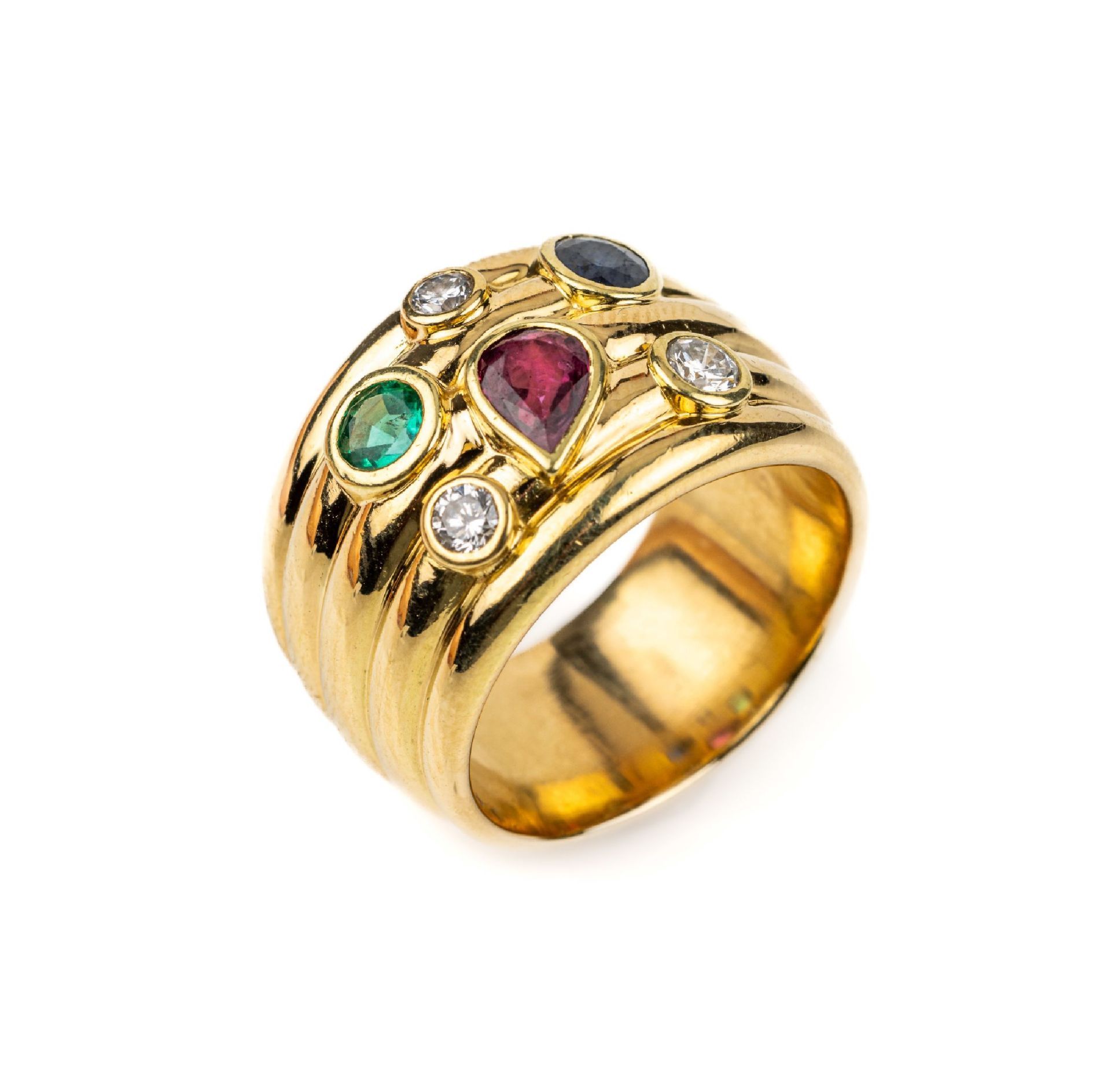 18 kt Gold Farbstein-Brillant-Ring,   GG 750/000, Schiene