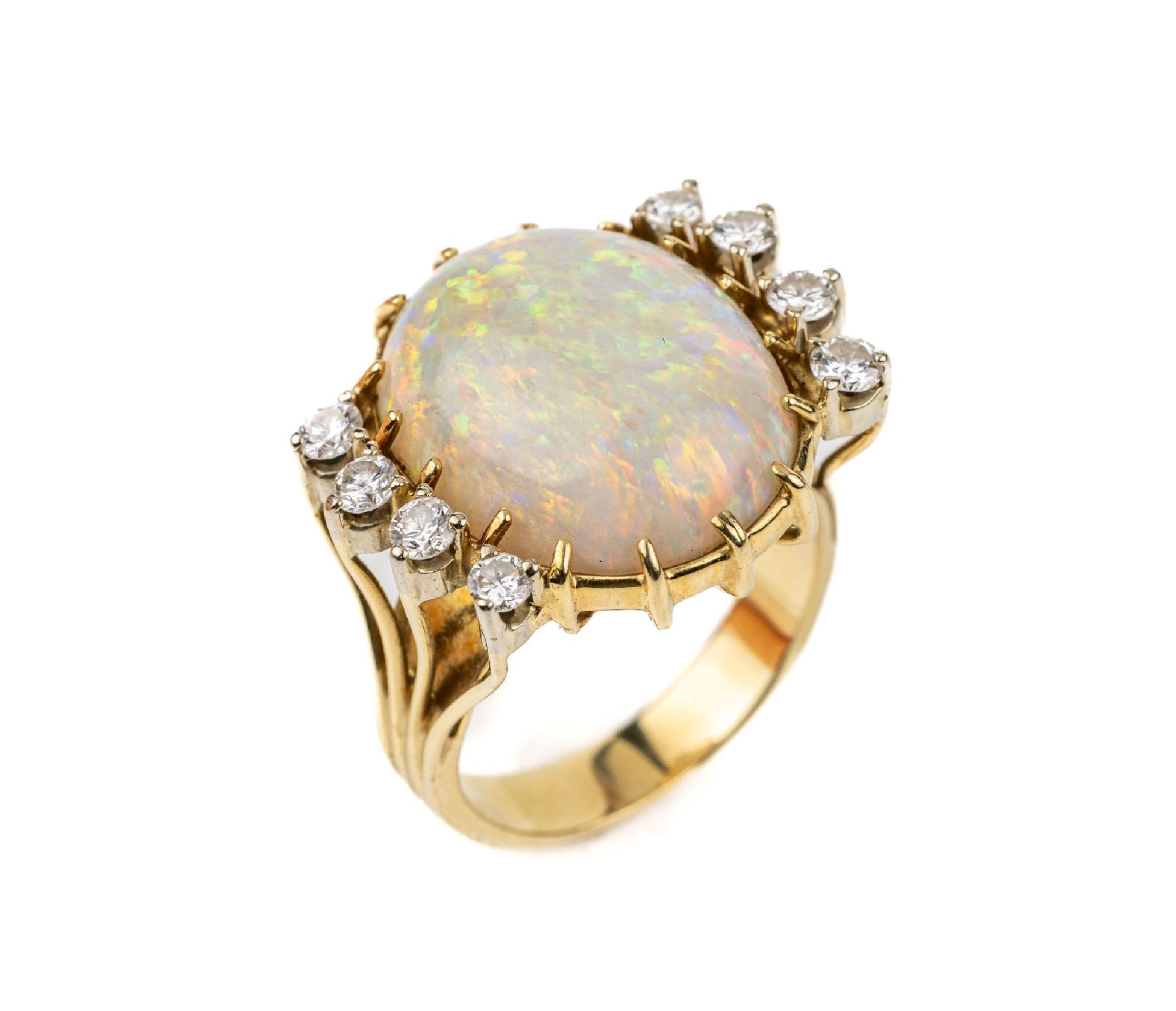 14 kt Gold Opal-Brillant-Ring,   GG 585/000, mittig