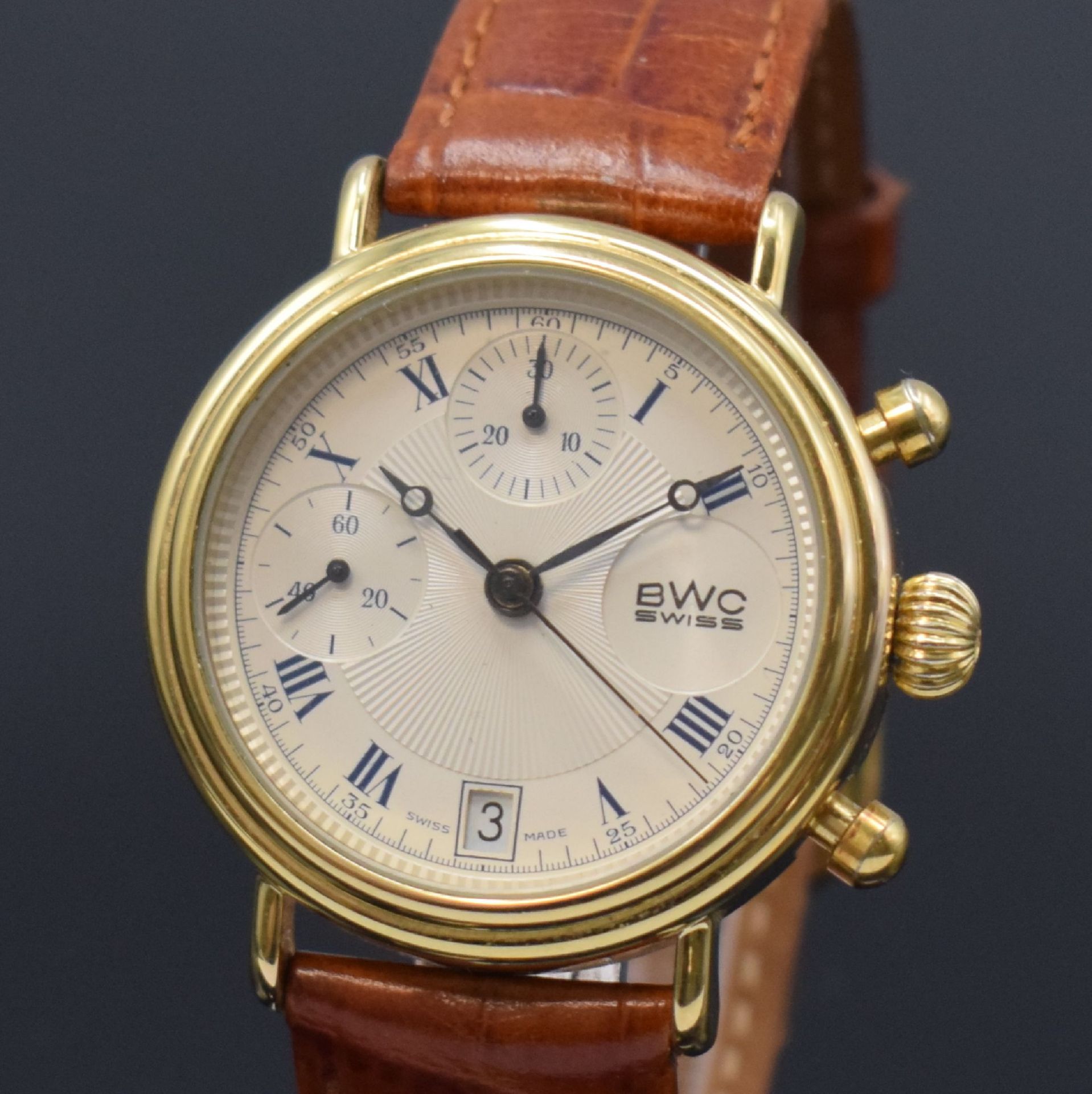 BWC vergoldete Armbanduhr mit Chronograph, Schweiz um - Bild 2 aus 4