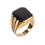 14 kt Gold Onyx-Ring, GG 585/000, Ringschultern gerieft,