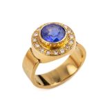 18 kt Gold Tansanit-Brillant-Ring, GG 750/000, mittig