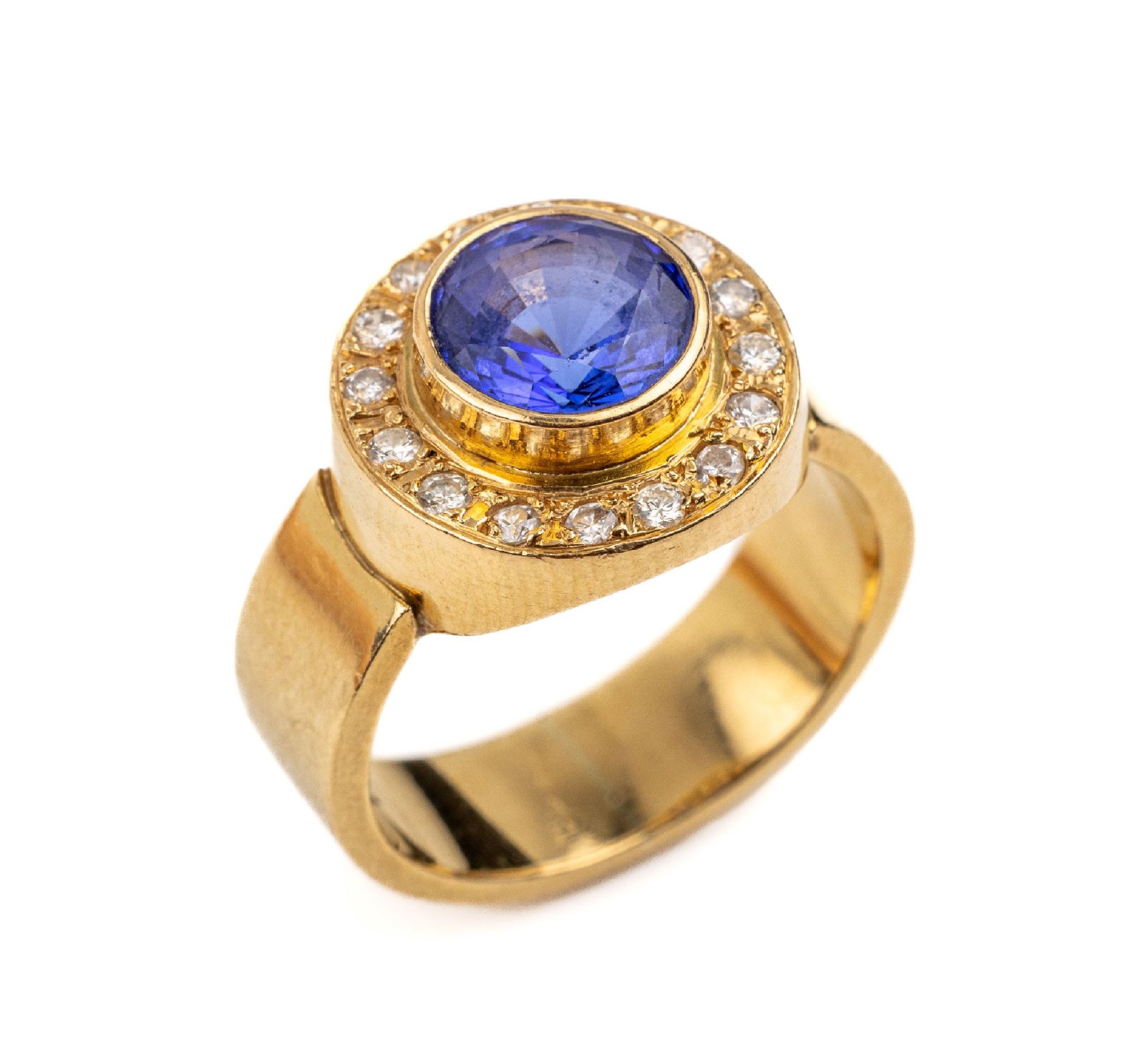 18 kt Gold Tansanit-Brillant-Ring, GG 750/000, mittig
