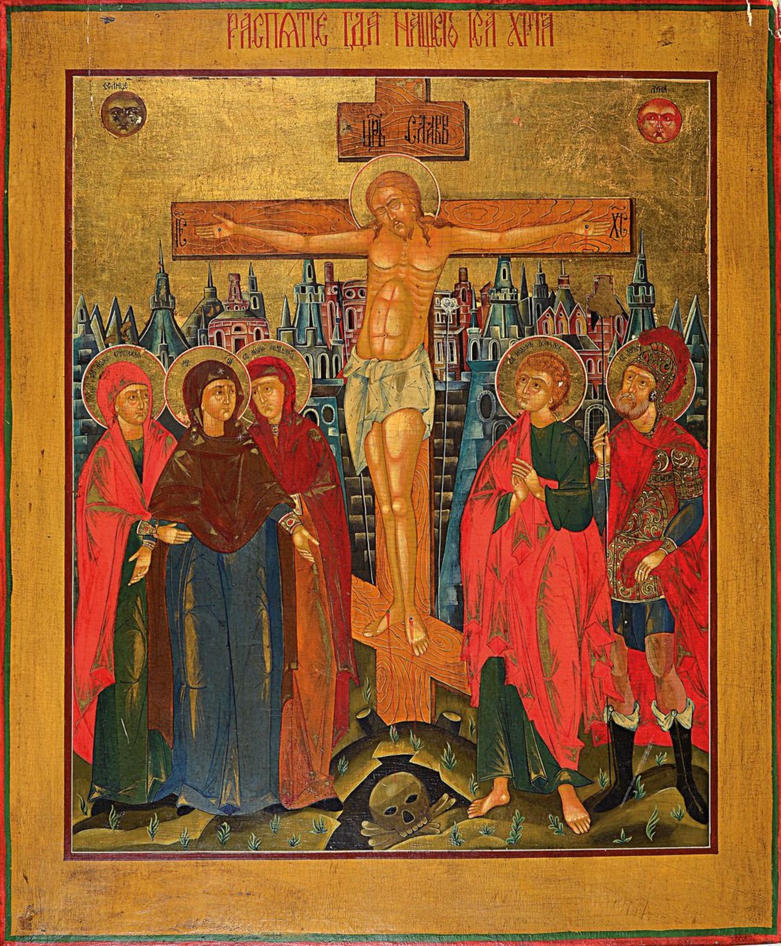 Ikone, Russland, 19.Jh., Tempera auf Holz, Kreuzigung
