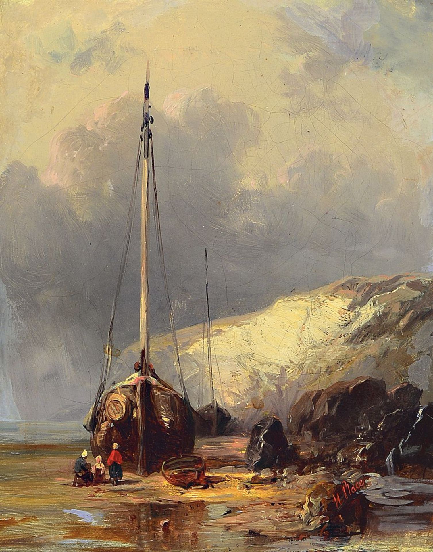 Henri Place, 1812-1880, Fischerboot am Strand mit den