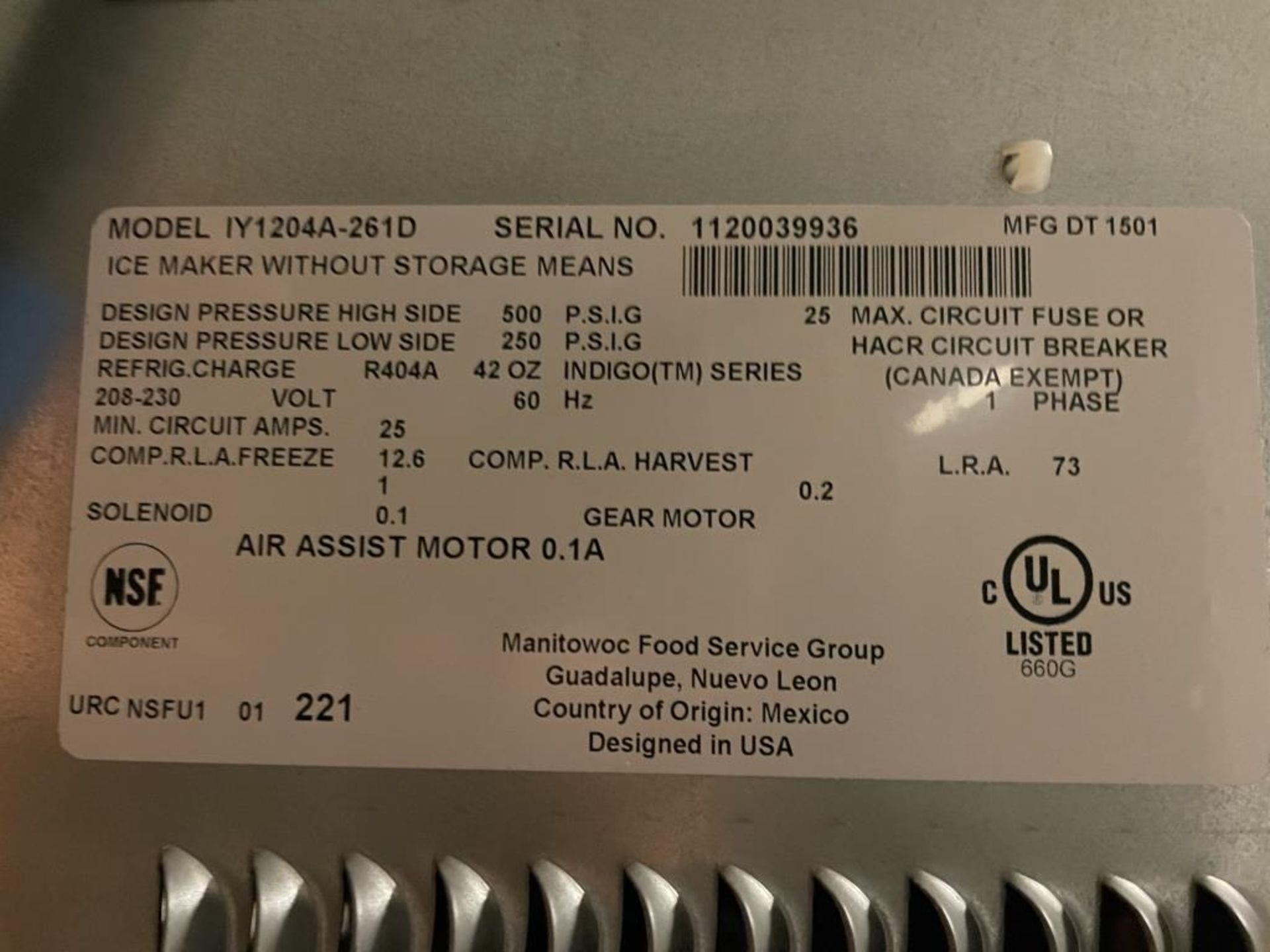 Manitowoc Ice Machine IY1204A-261D - Image 3 of 5