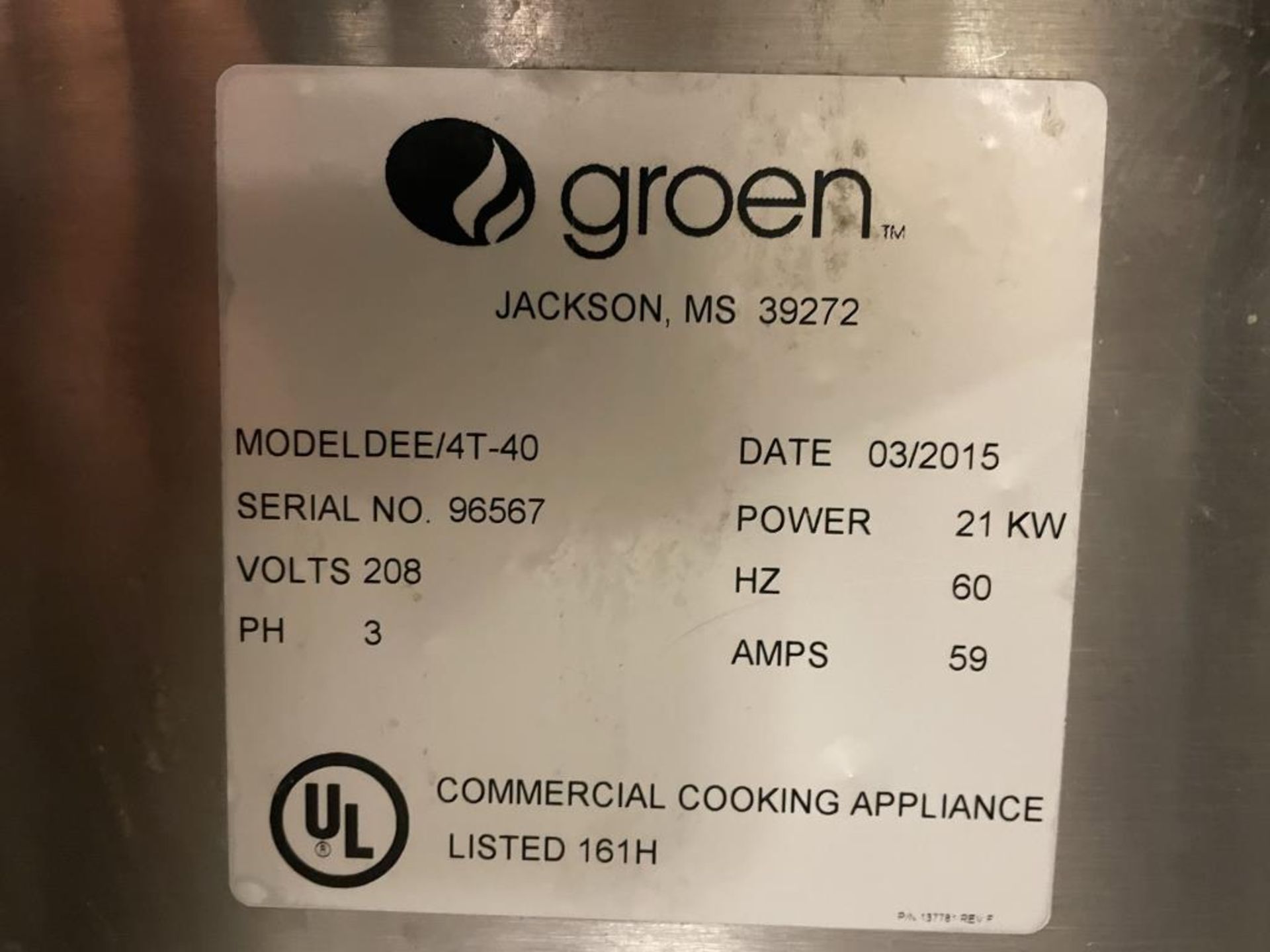 Groen DEE/4t-40 40Gal. Steam Jacketed Tilting Kettle - Image 3 of 6