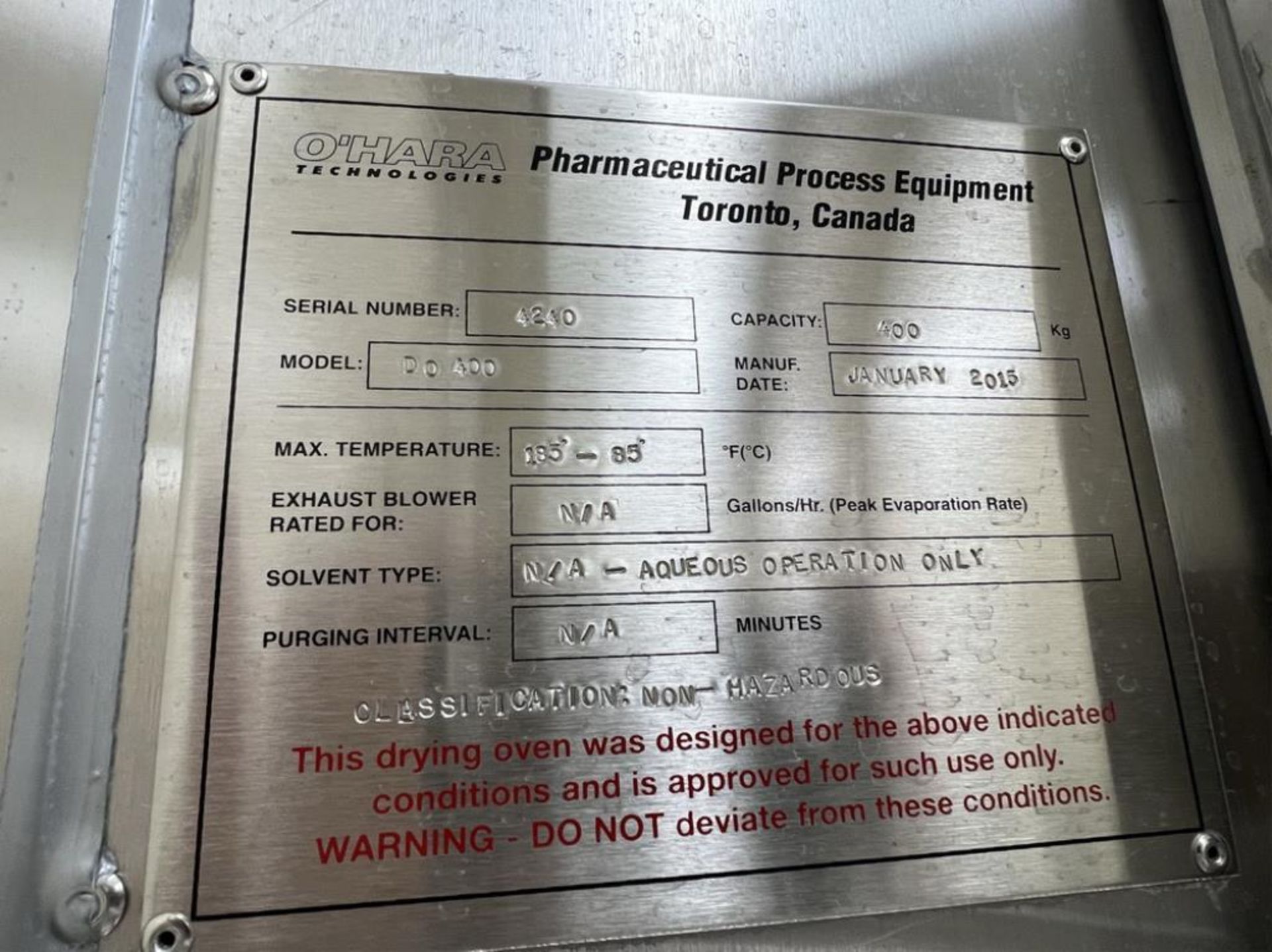 O'Hara Two Door Pharmaceutical Drying Oven, Model 400K - Image 4 of 6