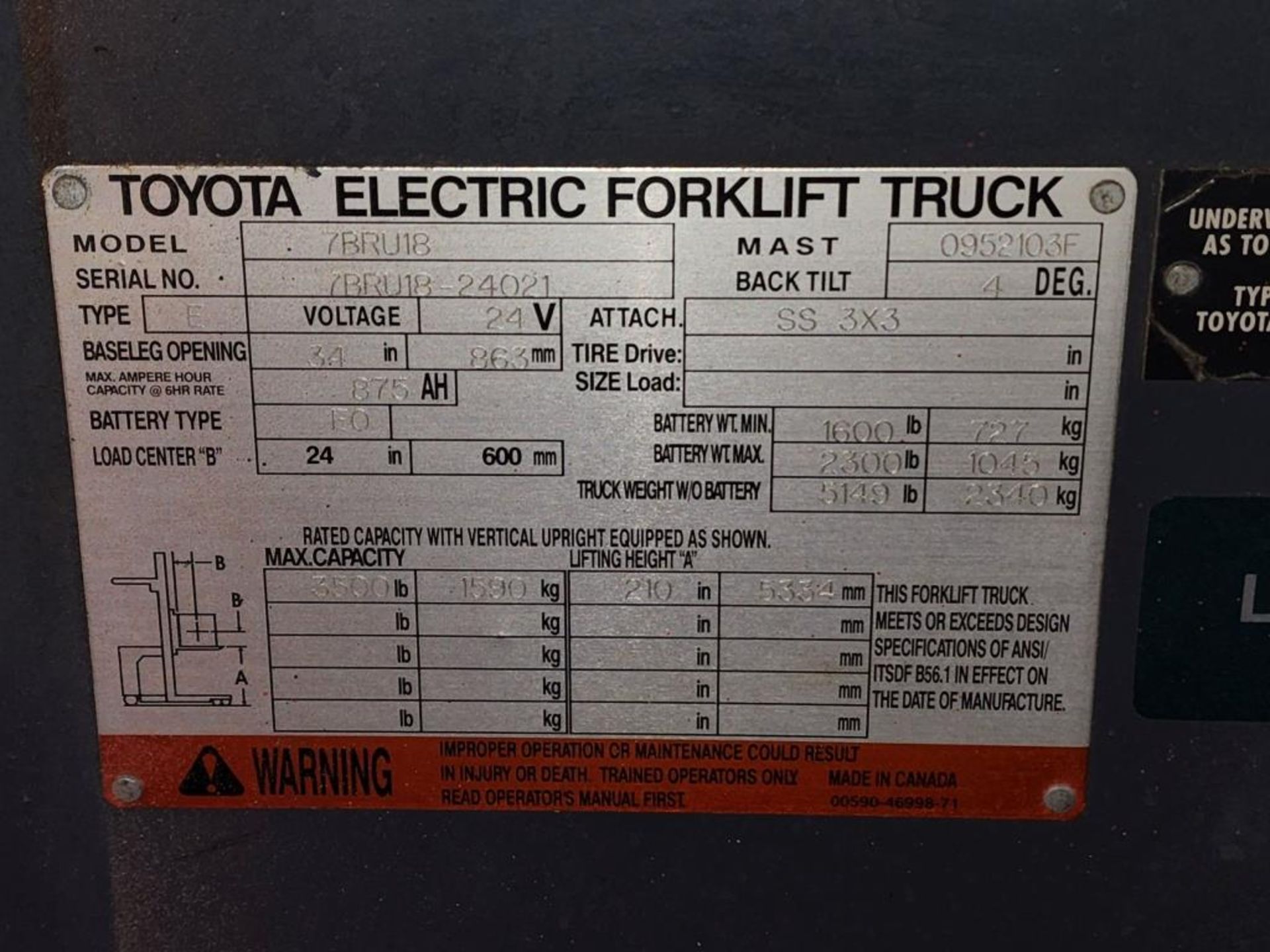 Toyota Lift Truck W/ Battery & Charger - Image 3 of 21