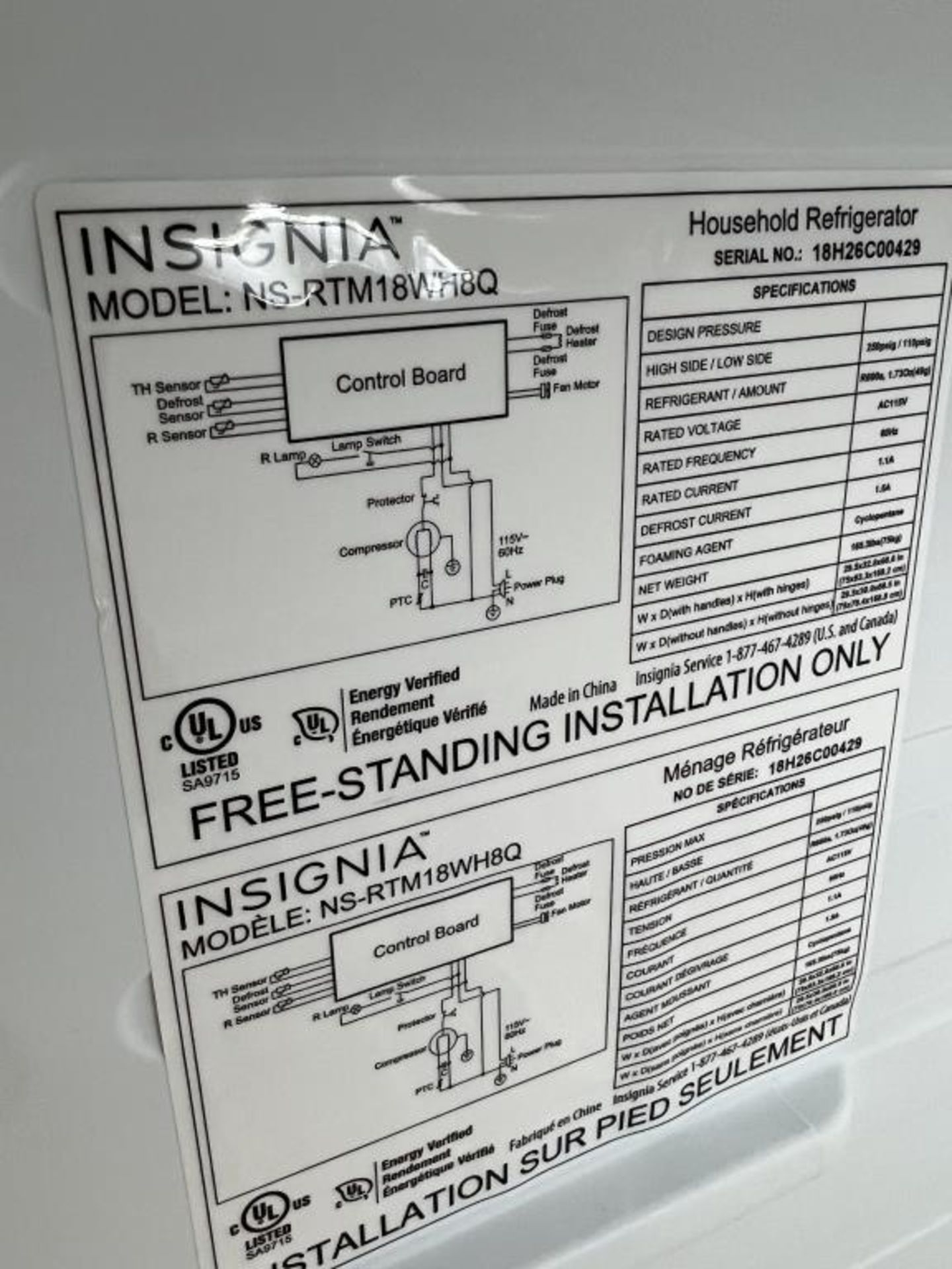 Insignia Refrigerator/ Freezer. - Image 3 of 3