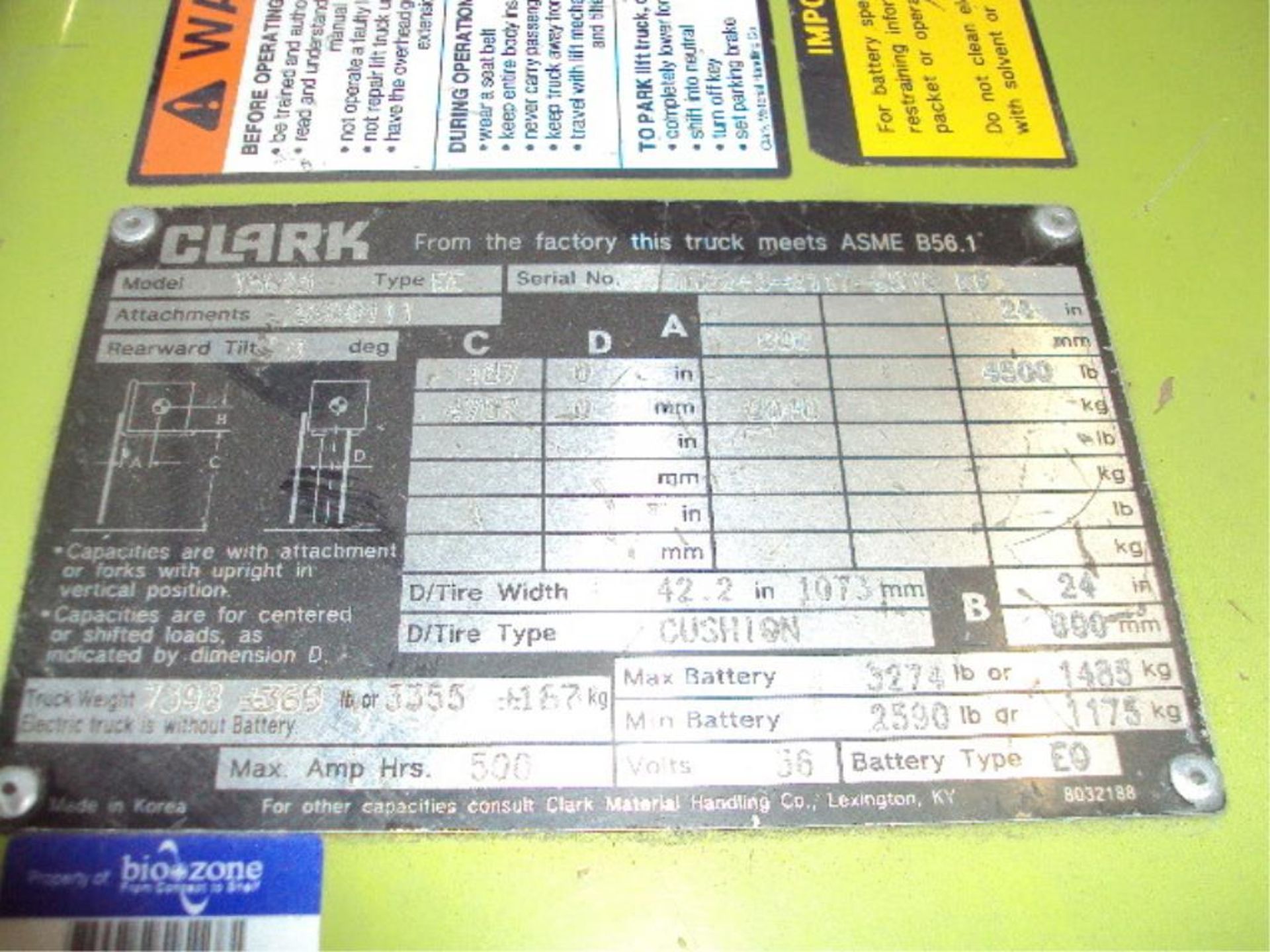 Clark Electric Forklift With Sideshift - Image 5 of 8