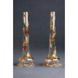 A PAIR OF 'MOSER' ART NOUVEAU VASES WITH MARRON, RED, YELLOW, BLUE AND GOLDEN FLOWER AND LEAF GUIRLA