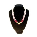 CULTURED PEARL, RUBY AND DIAMOND NECKLACE