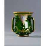 BOHEMIAN EMERALD GREEN GLASS VASE WITH THREE HANDLES AND GOLD DECO-RATION, EARLY 20TH CENTURY