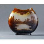 ART NOUVEAU STYLE VASE IN BROWN CAMEO GLASS WITH LANDSCAPE DECORATION (POSSIBLY KORNILOV FACTORY?)