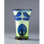 BOHEMIAN ART NOUVEAU VASE IN YELLOW AND BLUE GLASS DECORATED WITH DRAGONFLIES, FLOWERS AND STONES