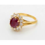 RUBY, DIAMOND AND 18K YELLOW GOLD RING