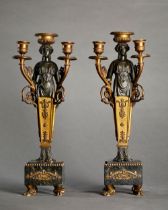 PAIR OF EMPIRE STYLE GILT BRONZE AND PATINATED CARYATID CANDELABRA Paris, circa 1870