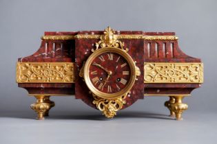 RED GRIOTTE MARBLE MANTEL CLOCK WITH ORMOLU ORNAMENTS