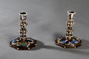 PAIR OF RENAISSANCE STYLE CANDLESTICKS Limoges, 19th century