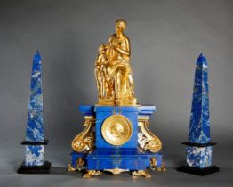 LAPIZ LAZULI AND GILT BRONZE CLOCK Paris, 19th century PAIR OF LAPIZ-LAZULI OBELISKS FRANCE, 20TH