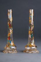 A PAIR OF 'MOSER' ART NOUVEAU VASES WITH MARRON, RED, YELLOW, BLUE AND GOLDEN FLOWER AND LEAF GUIRLA