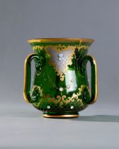 BOHEMIAN EMERALD GREEN GLASS VASE WITH THREE HANDLES AND GOLD DECO-RATION, EARLY 20TH CENTURY