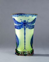 BOHEMIAN STEINSCHÖNAU VASE IN YELLOW AND BLUE GLASS DECORATED WITH DRAGONFLIES, FLOWERS AND STONES