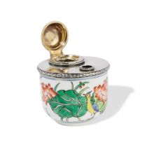 SILVER AND PORCELAIN INKWELL, R. LINZENER WORKSHOP FOR CARTIER NEW YORK, CIRCA 1947