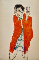 EGON SCHIELE (1890-1918) Selbstdarstellung mit orangefarbenem umhang (Self-portrait with orange cape