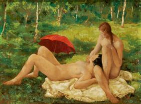 LEV TCHISTOVSKY (1902-1969), ATTRIBUTED TO Two Nudes with red umbrella
