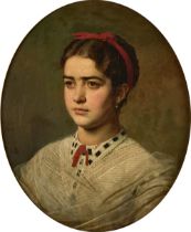 VICTOR BOBROV (1842-1918) Portrait of a young lady with red ribbon